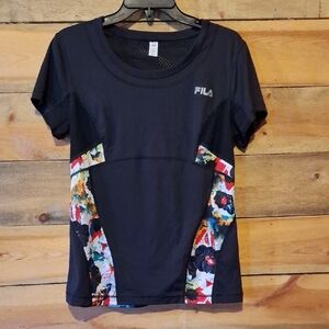 FILA Black Short Sleeve Active Tee with Multicolor Spatter Print Panels
